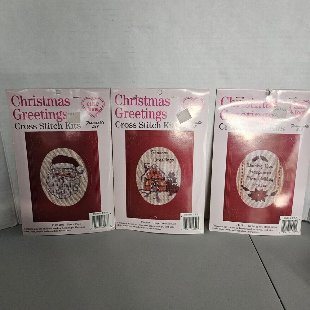 Lot 3 Christmas Greetings Cross stitch card Santa Gingerbread House Poinsettia
